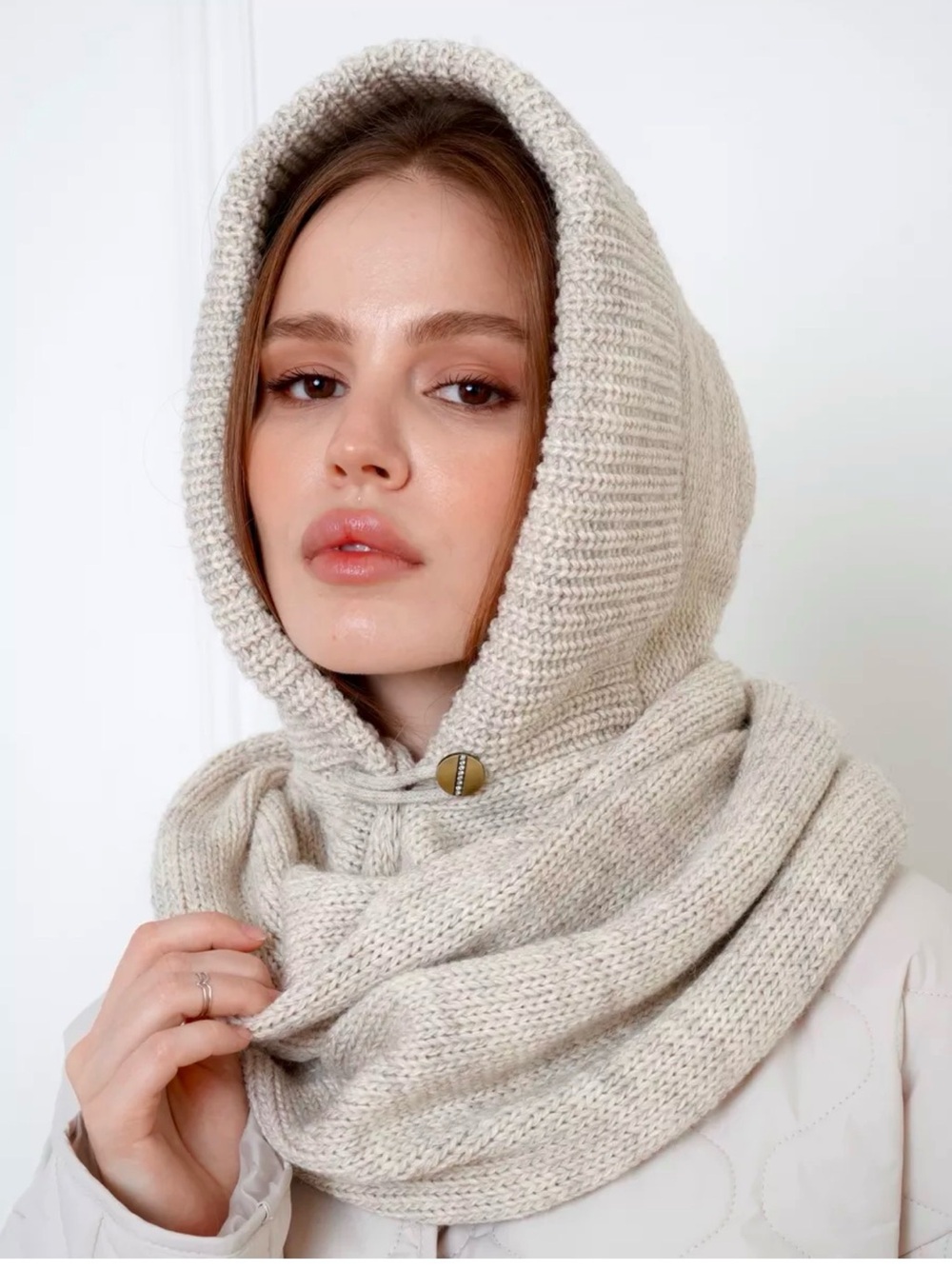 Cream Knit Hooded Scarf Hood for Women